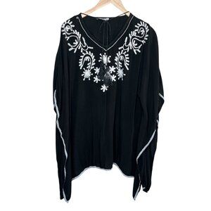 Salty Lemon Black Embroidered Boho Poncho Tunic Tassel Tie Top OS